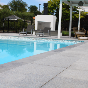 600x600 Flammed Grey Granite and 600x400 Bullnosed Bluestone Pool
